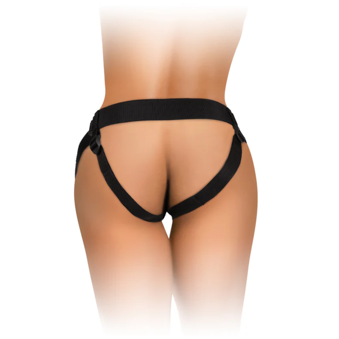 backside view of King Cock Deluxe Silicone Body Dock Strap-on Kit with Swinging Crown Jewels and 8 inch Dildo