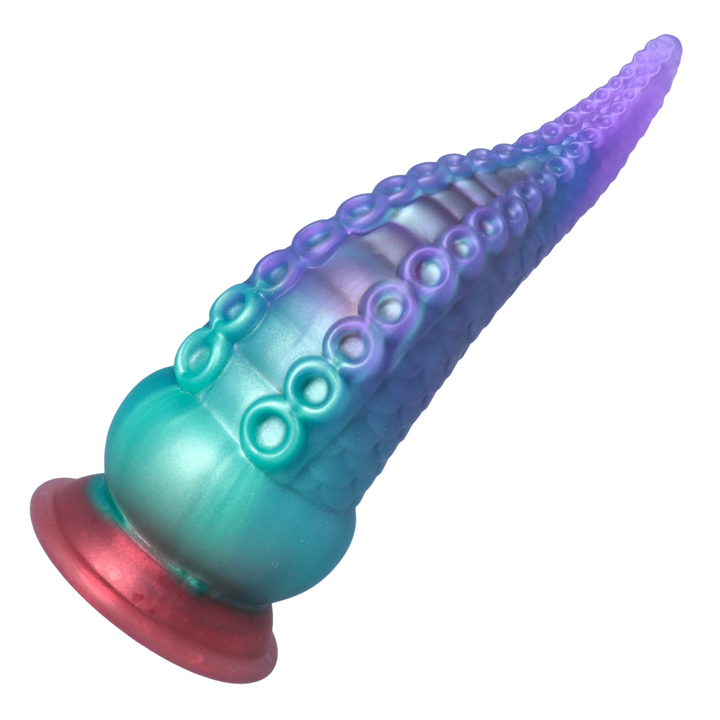 shimmery purple and teal tentacle dildo seen from angled side 