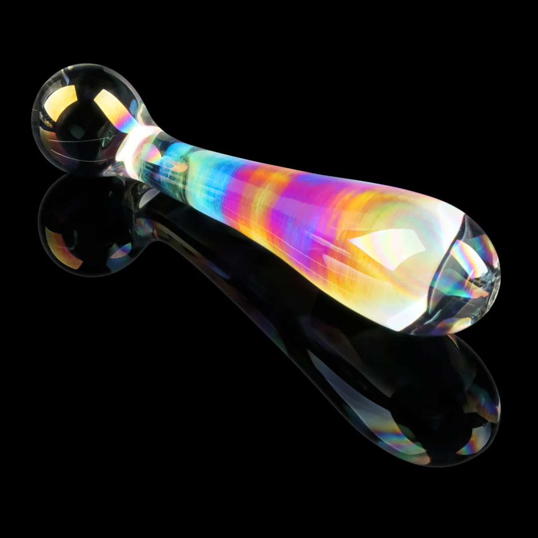 angled view from handle from Lovetoy Twilight Gleam Alluring Arc Double Ended Glass Dildo 