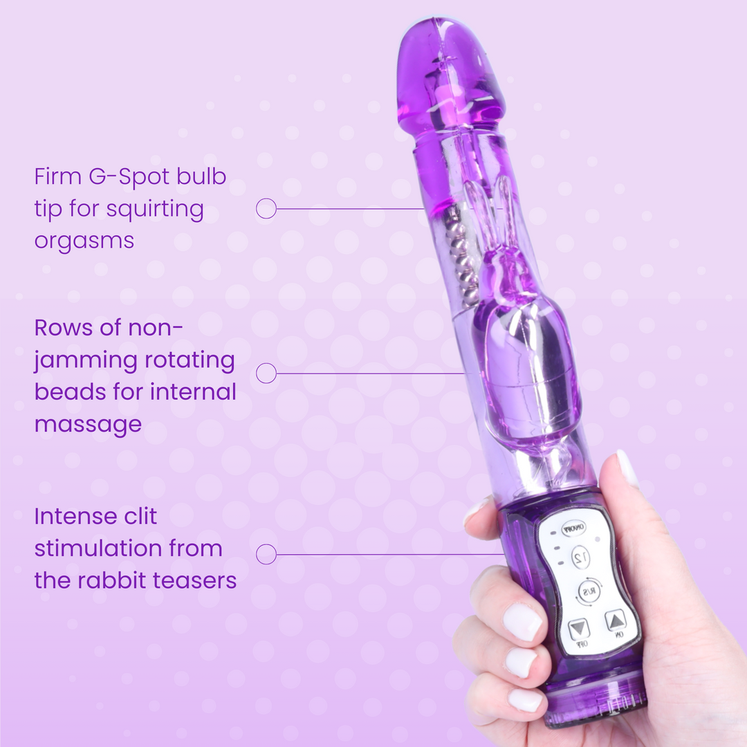 Rabbit Vibrator With 5 Rows Of Rotating Beads image showing the rotating beads, the g-spot bulb tip and the intense clit stimulation from the rabbit teasers. 