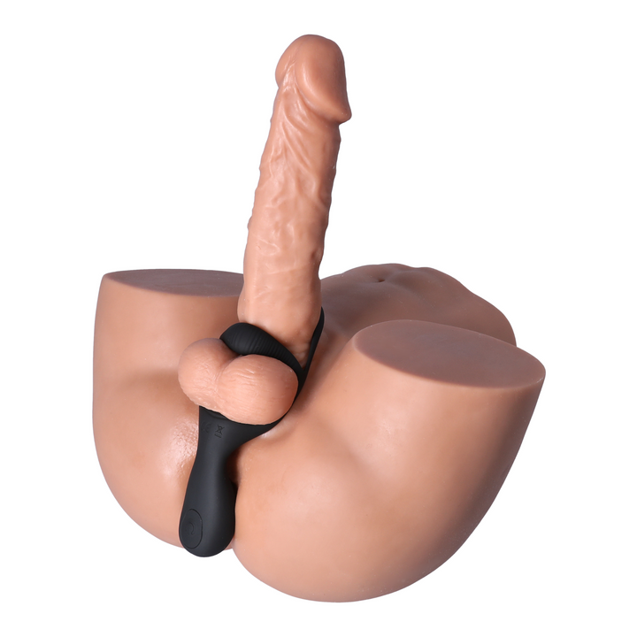 angled view pf taint tickling cock ring on realistic beige male masturbator 