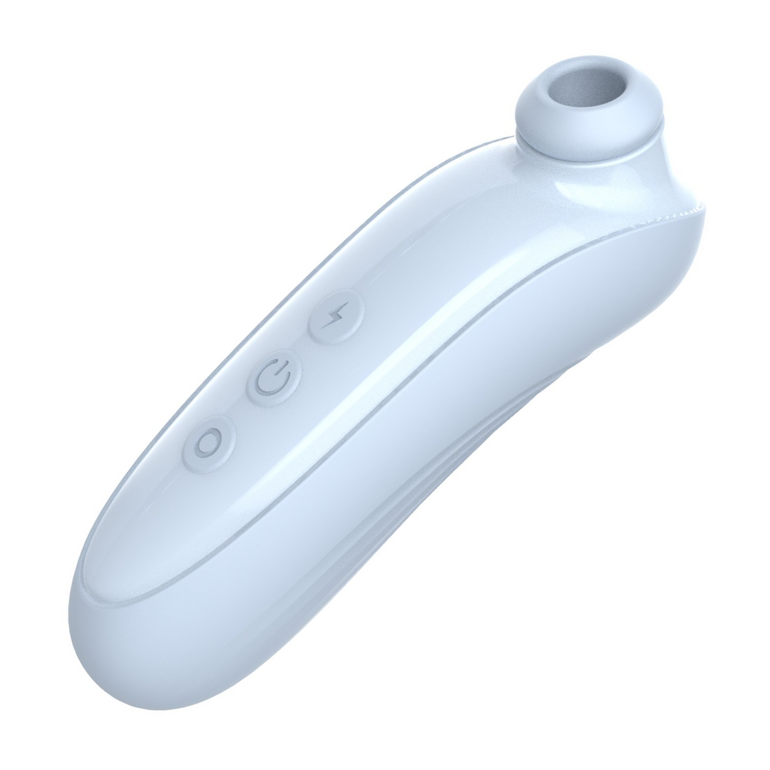 angled side view of blue air pulse toy with attachment 