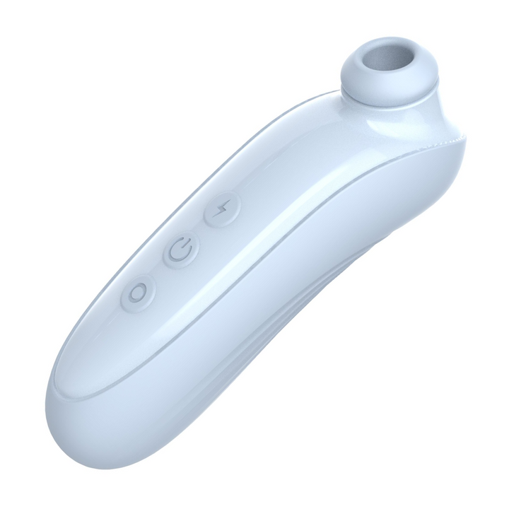 angled side view of blue air pulse toy with attachment 