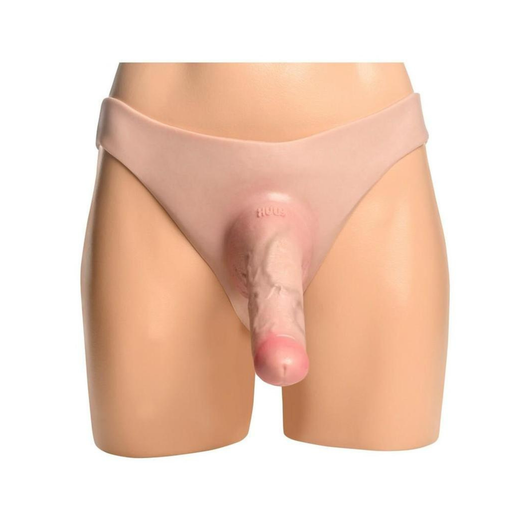 frontside of extreme restraints Master Series Curved 7.5 inch Hollow Silicone Strap-On on a mannequin 