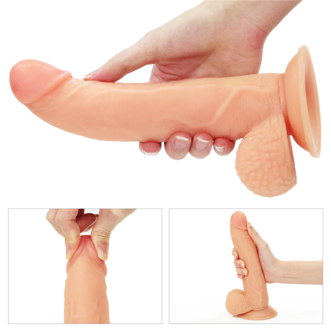 several photos of hand holding 8.5 Inch beige dildo 
