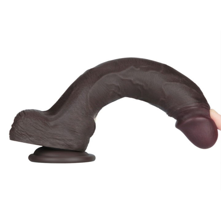 finger bending 10 inch Vibrating Sliding Skin Pro II Silicone Dildo to show flexibility 
