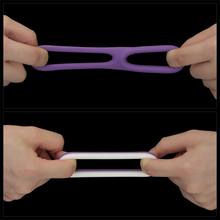 fingers pulling Pinnacle Pro Flex Duo Cock Ring to show flexibility 