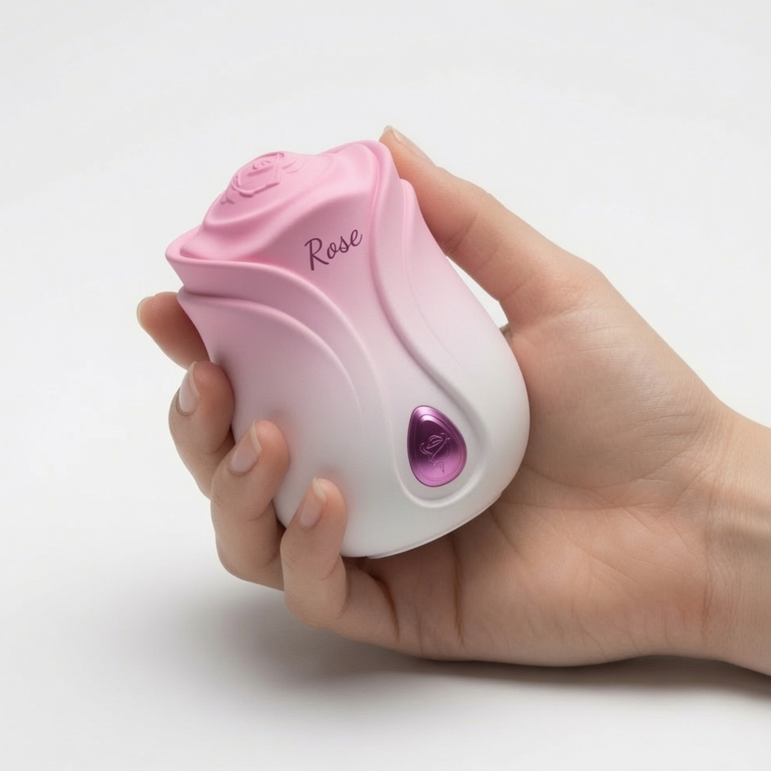 hand holding Rose-Shaped Tapping Clit Stimulator 
