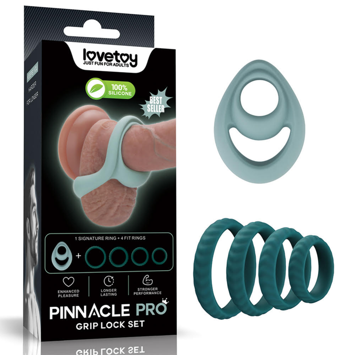 Pinnacle Pro Grip Lock Set Cock Ring as seen next to packaging 