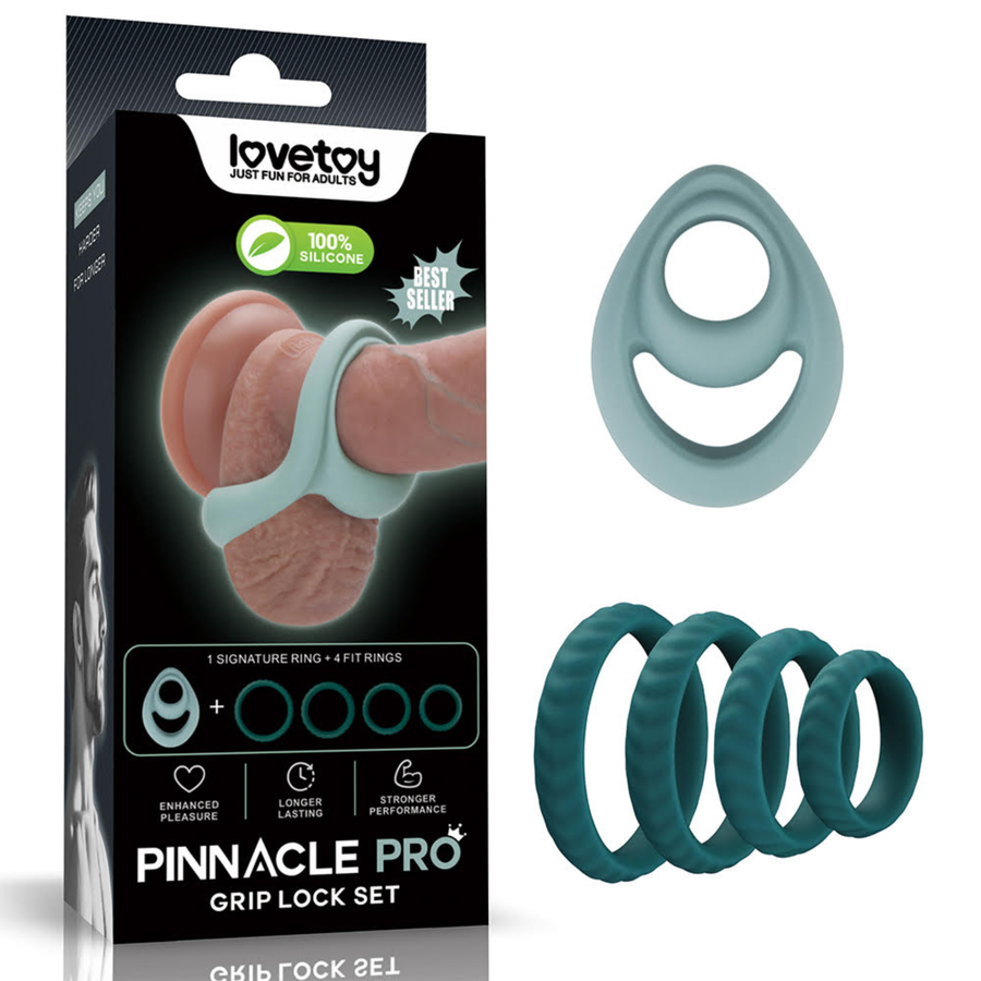 Pinnacle Pro Grip Lock Set Cock Ring as seen next to packaging 