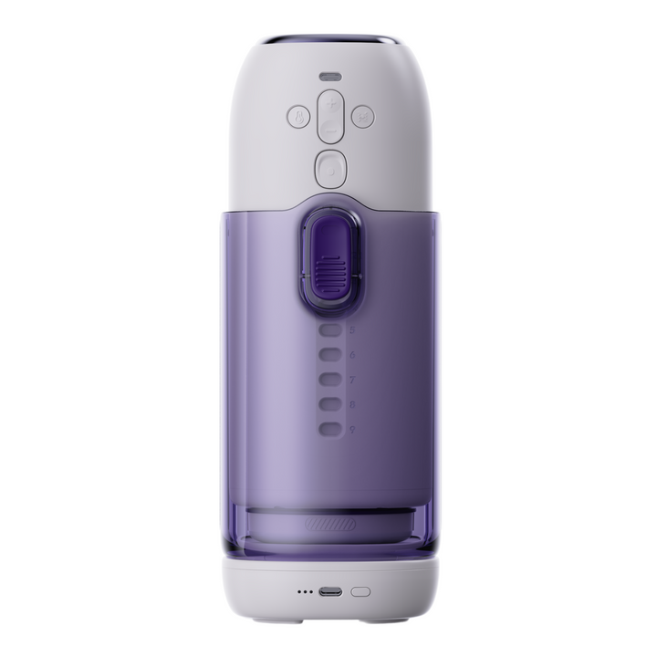 view of controls and recharge portal from Super Series Adjustable Length Masturbator - Thrusting, Warming & Vibrating