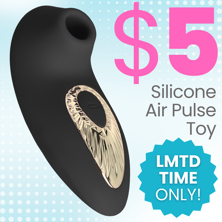 Black silicone air pulse toy with a textured gold accent, shown on a light blue dotted background with promotional text including '$5 Silicone Air Pulse Toy' and a blue 'LMTD TIME ONLY!' badge.