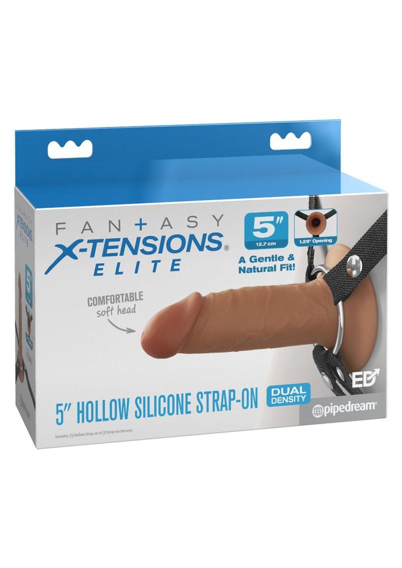 X-Tensions Elite 5” Hollow Silicone Strap-On packaging on a white background