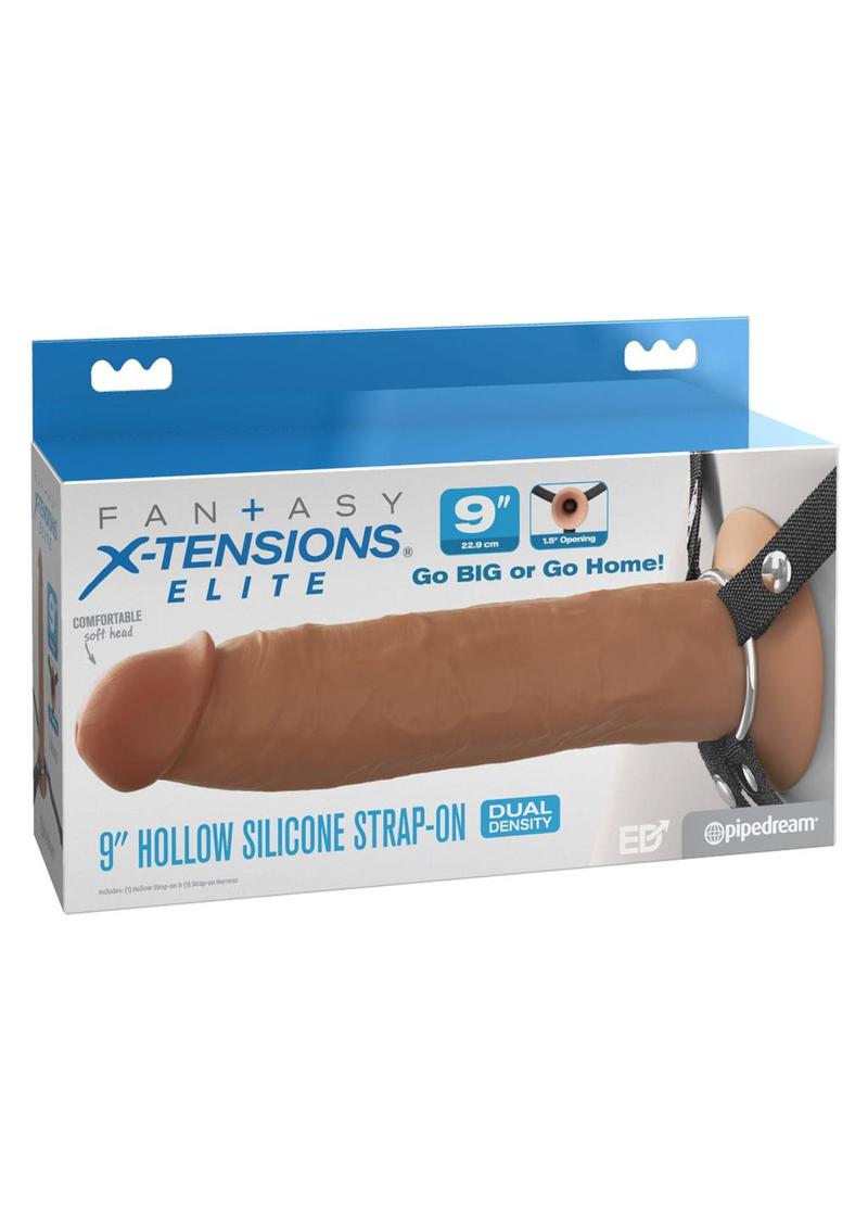 Boxed product labeled 'Fantasy X-Tensions Elite' with a silicone strap-on on a white background.
