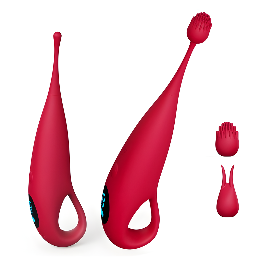 side view of extra strong clit vibrator pinpoint targeted stimulation  with two tip attachments 