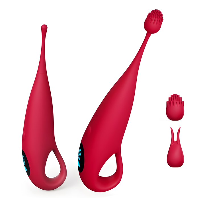 side view of extra strong clit vibrator pinpoint targeted stimulation  with two tip attachments 