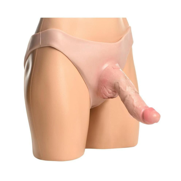 angled side view of extreme restraints Master Series Curved 7.5 inch Hollow Silicone Strap-On 