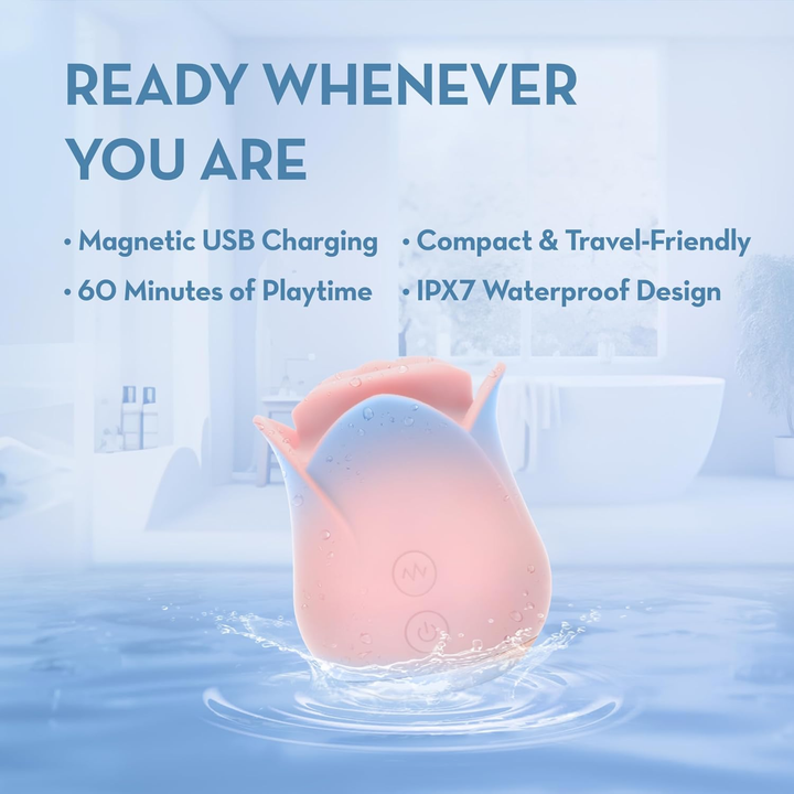 ready whenever you are magnetic USB charging, 60 minutes of playtime, compact and travel friendly, IPX7 waterproof design Blush collection Kissing Rose Rechargeable Silicone Clitoral Stimulator