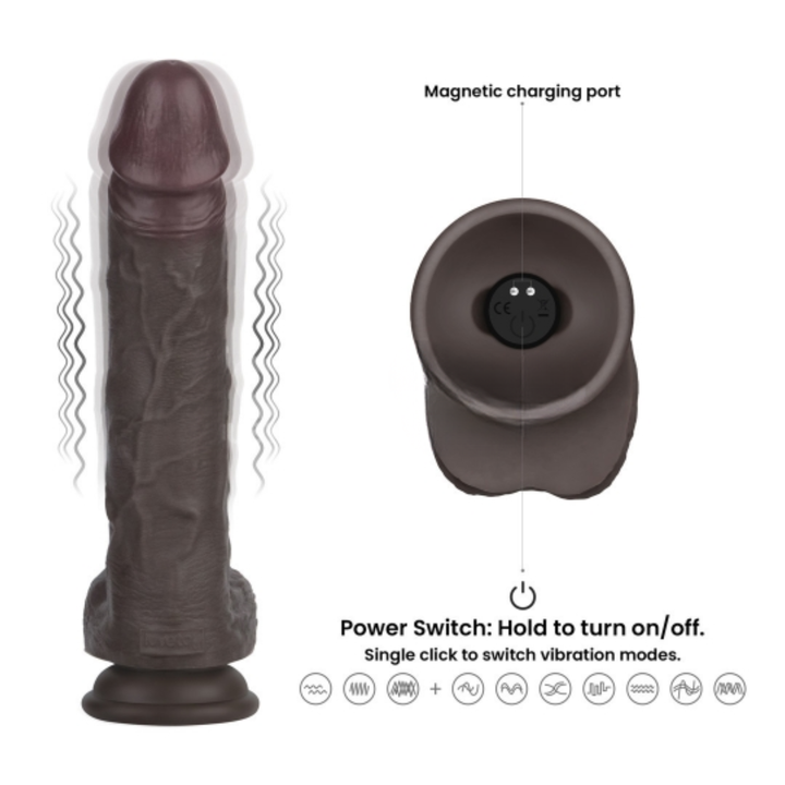 magnetic charging port on 10 inch Vibrating Sliding Skin Pro II Silicone Dildo different vibration modes 