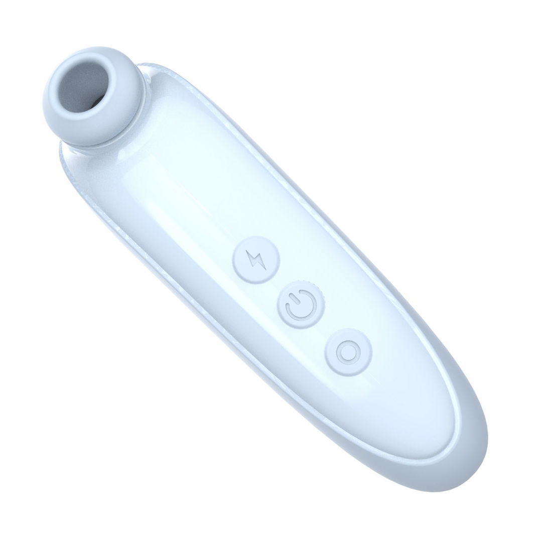 view of power button, suction and vibration buttons on adult air pulse toy 