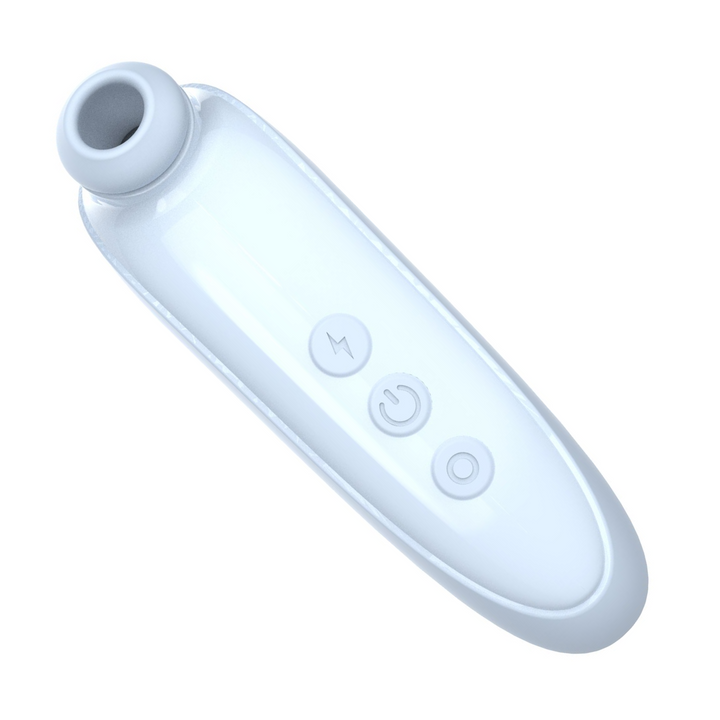 view of power button, suction and vibration buttons on adult air pulse toy 
