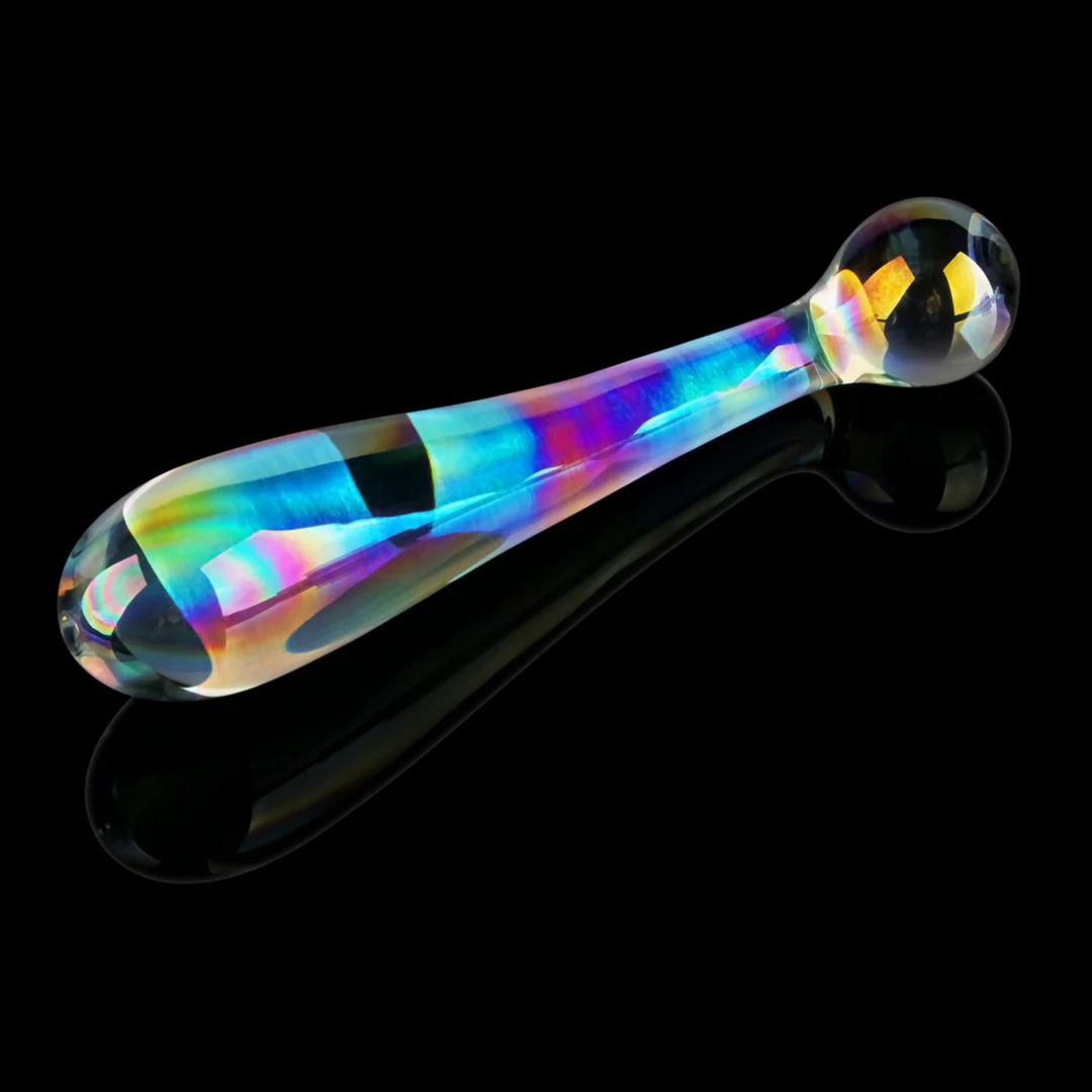 vibrant fluorescent colors from Lovetoy Twilight Gleam Alluring Arc Double Ended Glass Dildo