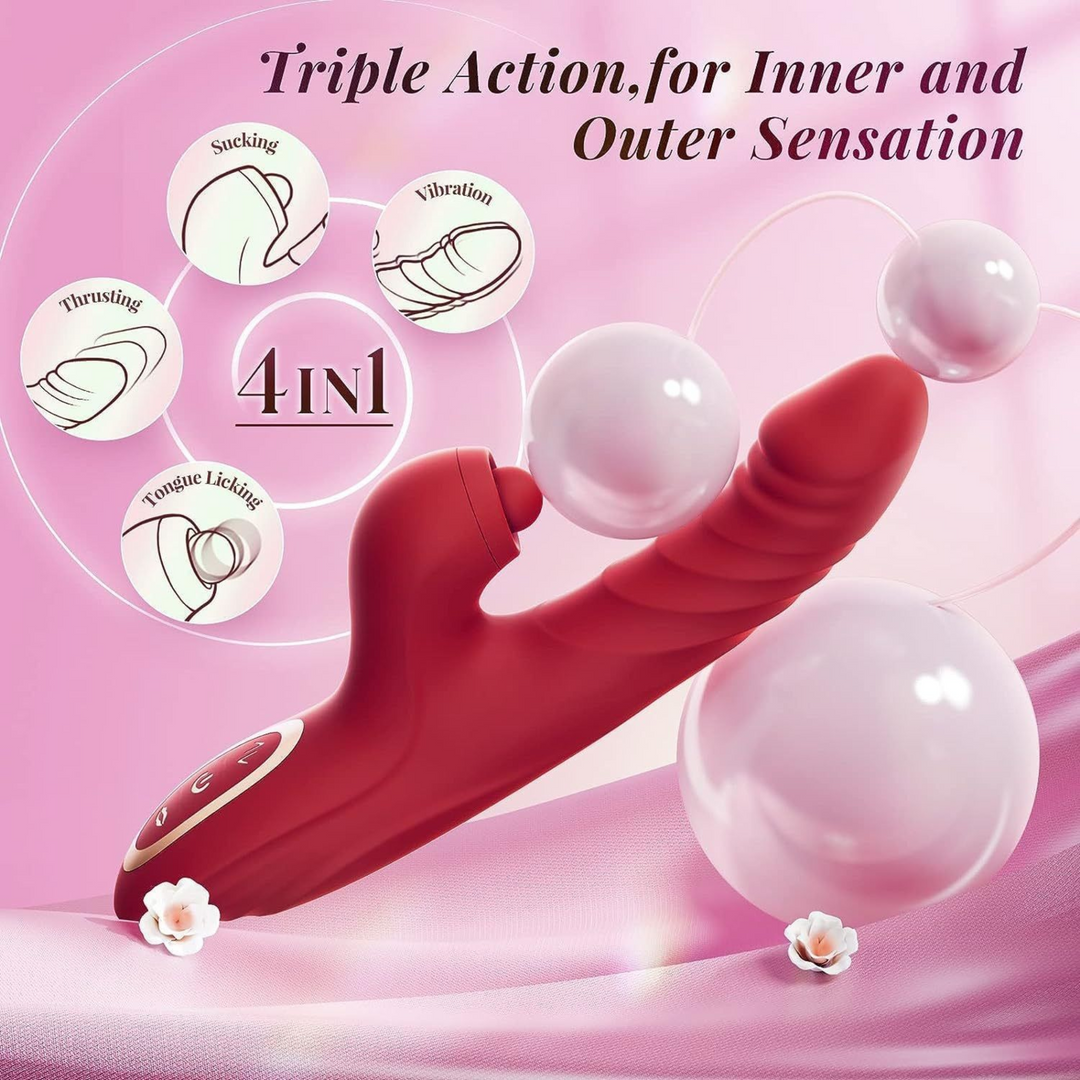 Triple action, for inner and outer sensation. Tongue licking, thrusting, sucking, vibration 