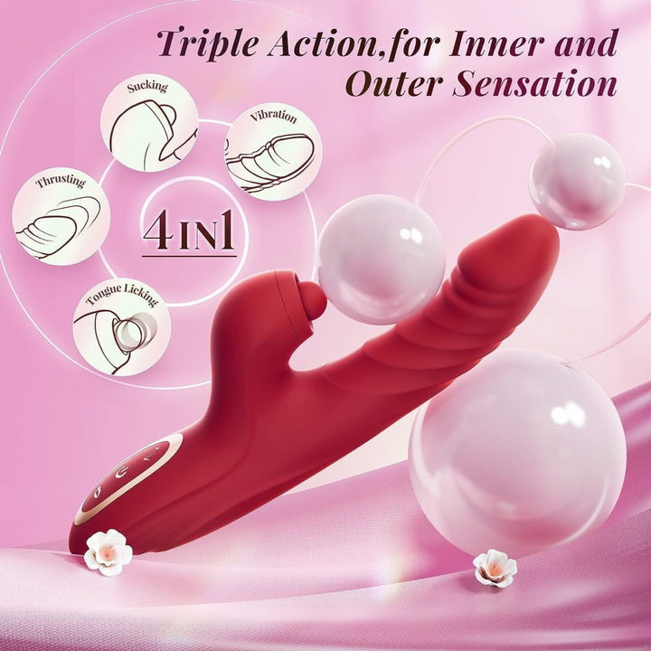 Triple action, for inner and outer sensation. Tongue licking, thrusting, sucking, vibration 
