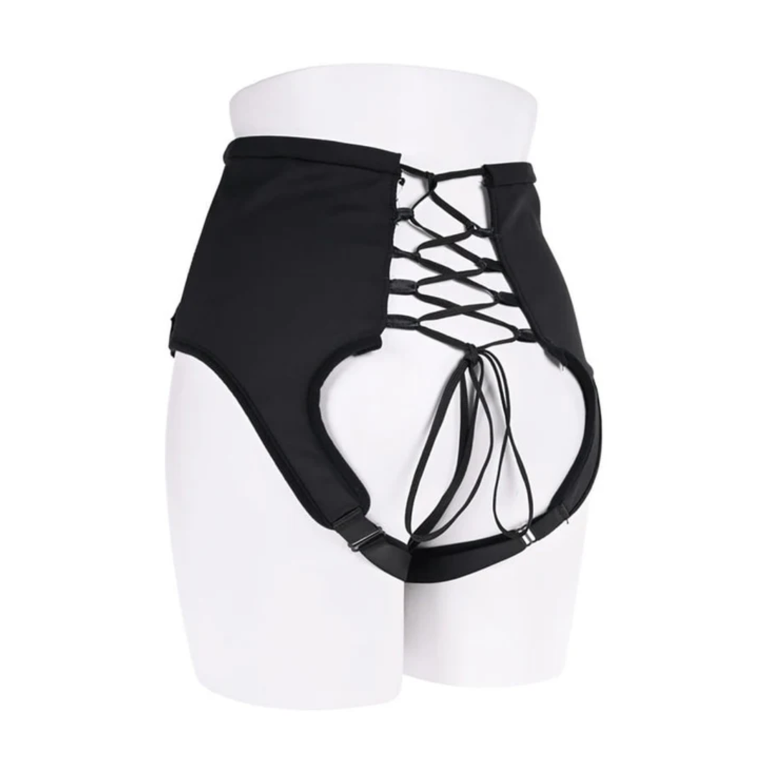 angled backside view of Sportsheets High Waisted Corset Strap-On on a mannequin 