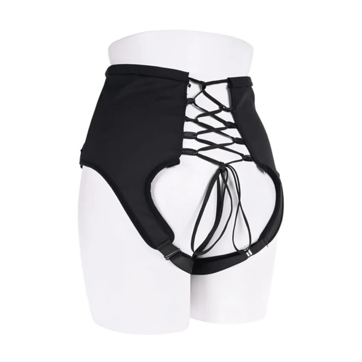 angled backside view of Sportsheets High Waisted Corset Strap-On on a mannequin 