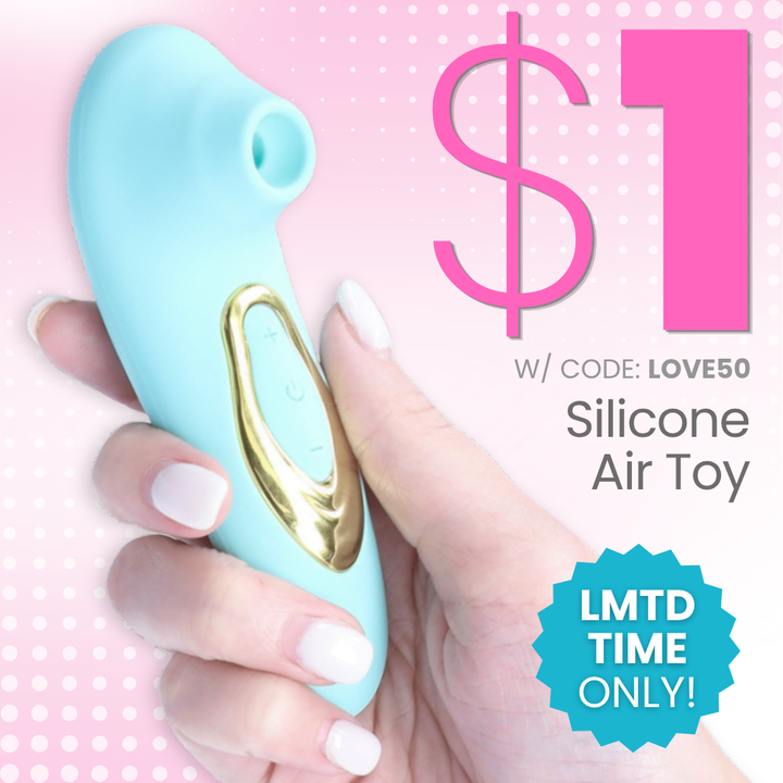 A hand holding a light blue and gold silicone air toy against a light pink dotted background with promotional text including '$1' and 'W/ CODE: LOVE50 Silicone Air Toy'.