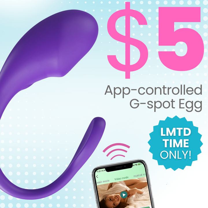 Purple silicone G-spot egg vibrator shown on a light blue background with promotional text including '$5', 'App-controlled G-spot Egg', and a blue badge reading 'LMTD TIME ONLY!'. A smartphone screen is pictured at the bottom showing the companion app.