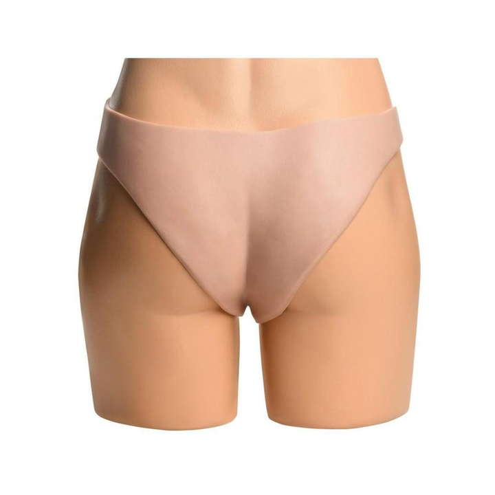 backside of extreme restraints Master Series Curved 7.5 inch Hollow Silicone Strap-On. 