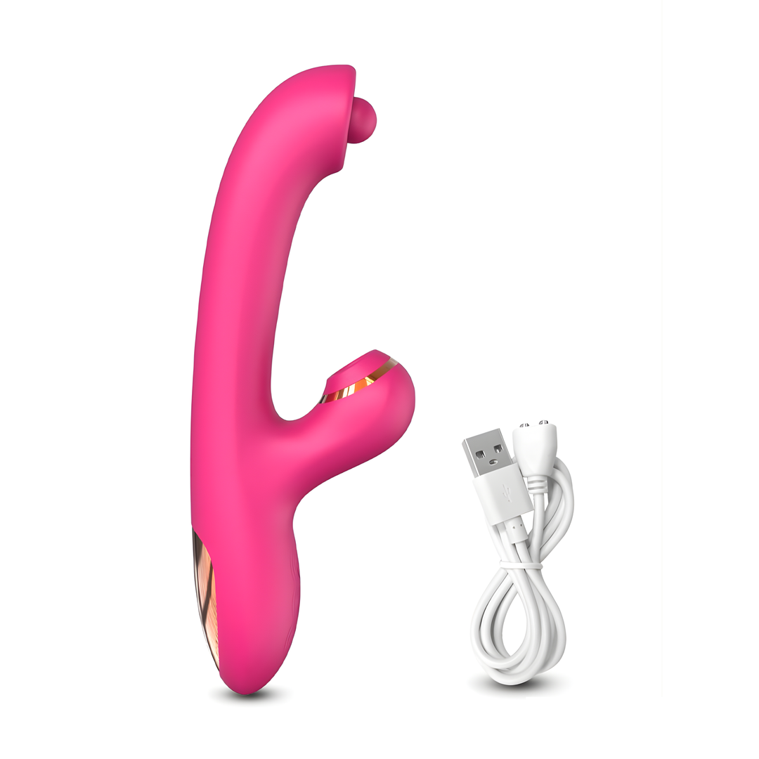 Pinpoint G-Spot Rotating Clit Suction Dual Action Vibrator next to charging cable 