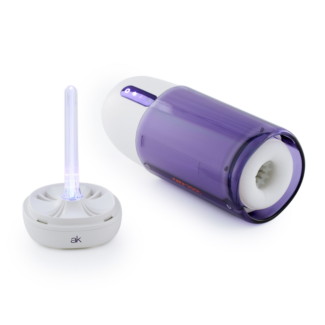 View of opened Super Series Adjustable Length Masturbator with UV sterilization cap 