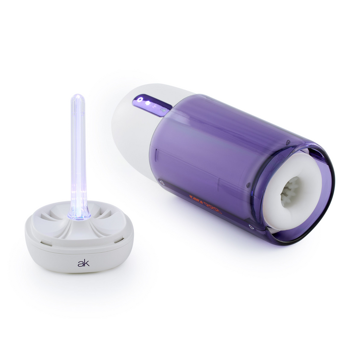View of opened Super Series Adjustable Length Masturbator with UV sterilization cap 
