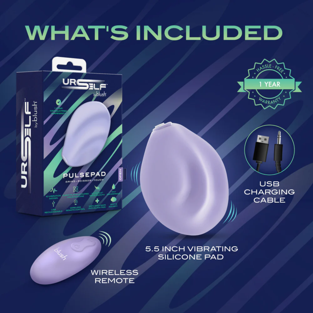 whats included from Urself Pulse Pad Rechargeable Silicone Grinder with Remote packaging 