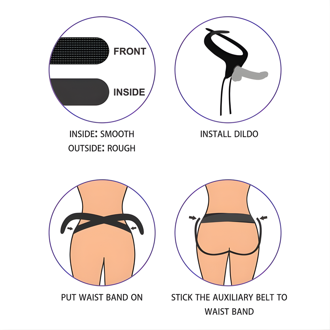 velcro straps, install dildo, put waist band, stick the auxiliary belt to waist band INGEN 7.5 Inch Black Easy Strapon Set 
