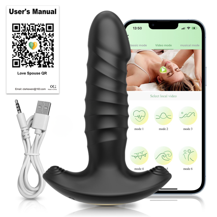 Thrusting Butt Plug as seen next to app on phone and QR code 