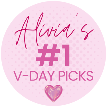Circular pink label with 'Alivia's #1 V-Day Picks' text and a heart icon on a white background.