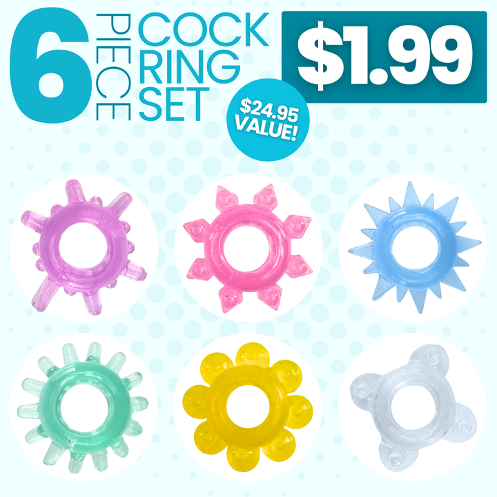 6 piece jelly cock ring set for only 1.99. 24.95 dollar value. 