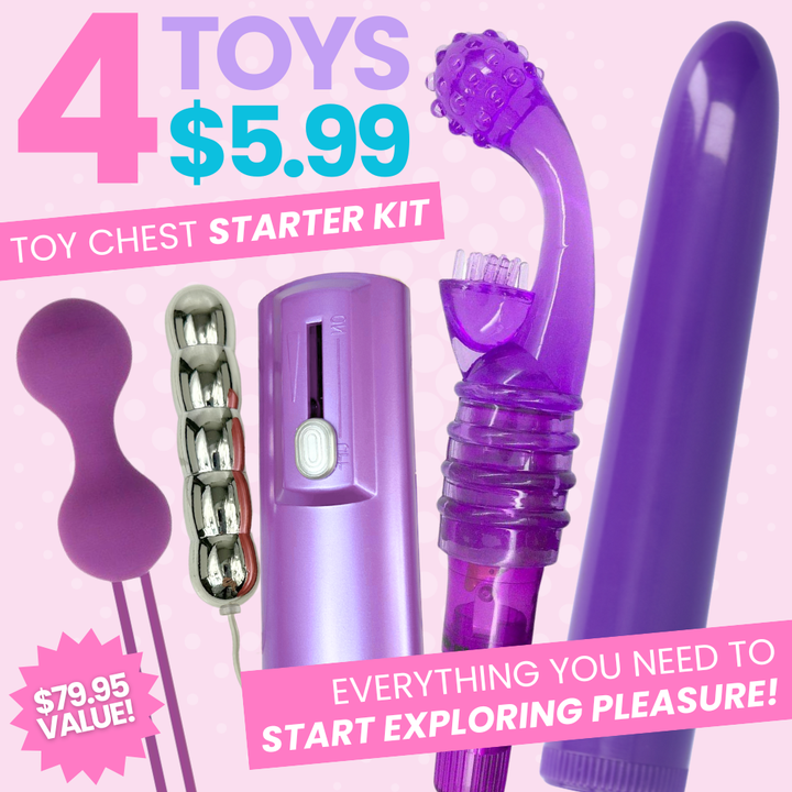 4 toys for 5.99 dollars. Toy Chest starter kit. Everything you need to start exploring pleasure. 79.95 dollar value 