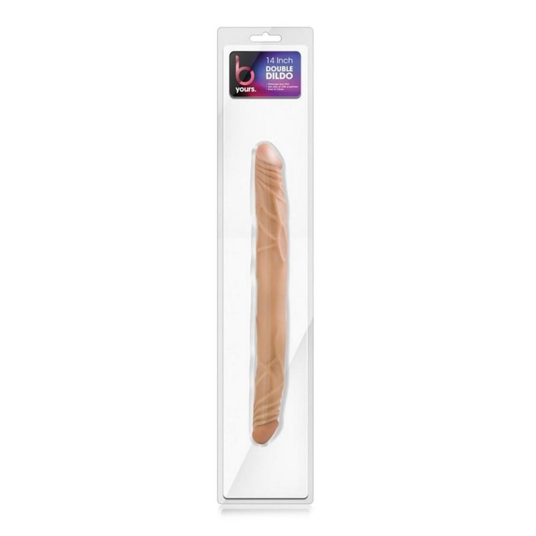 tan B Yours 14 Inch Double Dong as seen inside of packaging 