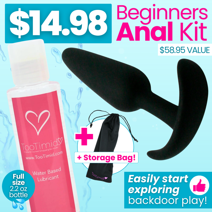 Beginners Anal Kit with lubricant and black anal plug on a light blue background