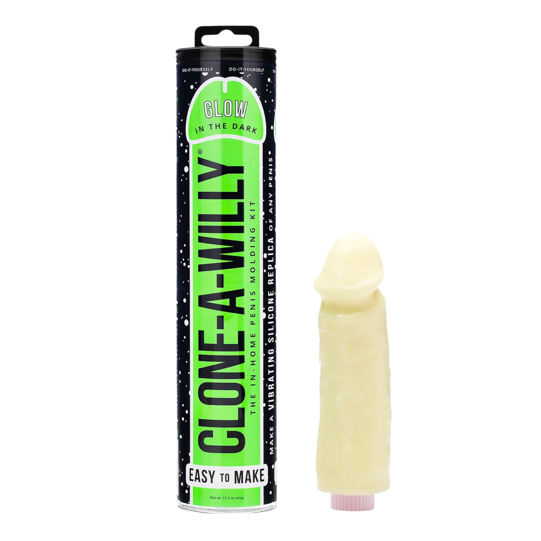 Glow In The Dark Clone-A-Willy Penis Molding Kit as seen next to packaging 