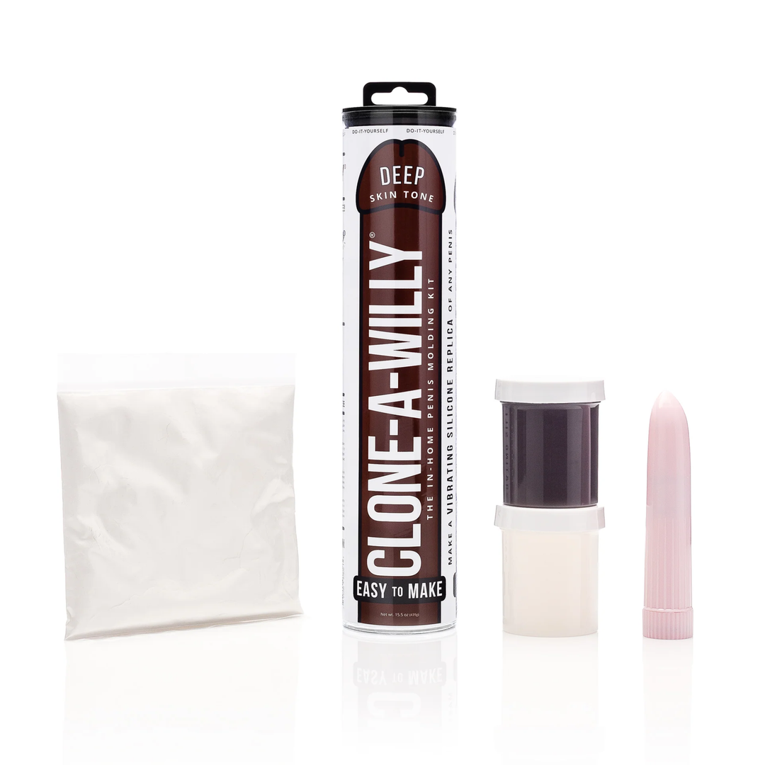 all product contents for Clone-A-Willy Silicone Dildo Molding Kit with Vibrator in dark brown 