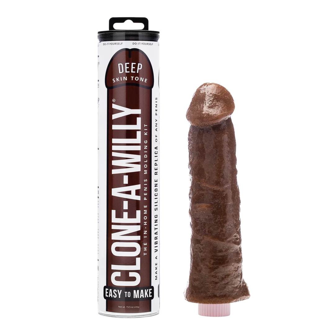 dark brown Clone-A-Willy Silicone Dildo Molding Kit with Vibrator as seen next to packaging 