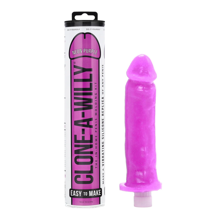 purple Neon Clone-A-Willy Silicone Dildo Molding Kit with Vibrator next to packaging