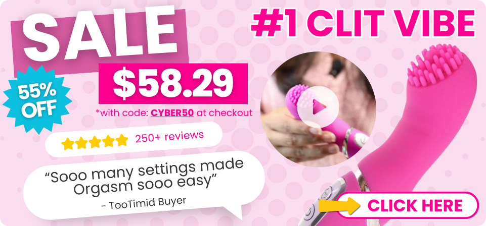 Advertisement for a pink clit vibe with sale pricing and customer review text on a pink background.