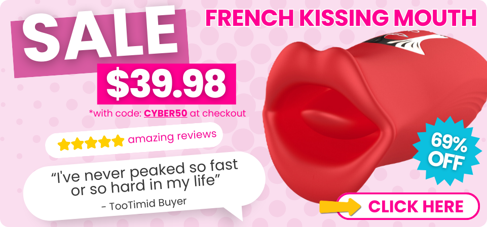 Red product shaped like a kissing mouth with promotional text on a pink background